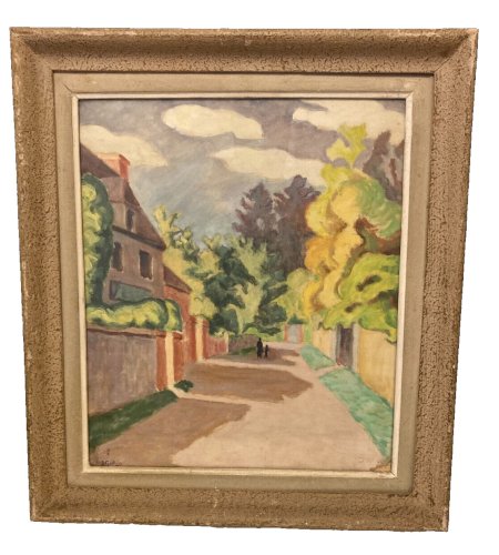 Aquarelle ruelle de J Gallois exposition artiste Normand 1948