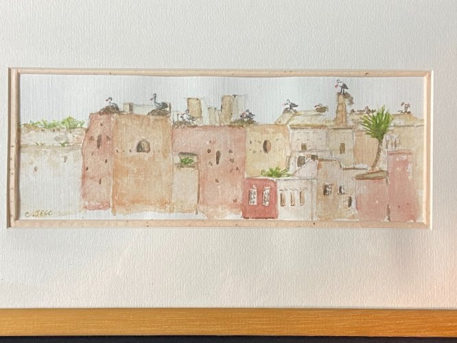 Aquarelle signée Chantal Jego vue de Marrakech et ses cigognes Maroc