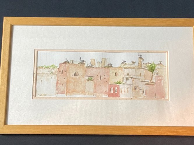 Aquarelle signée Chantal Jego vue de Marrakech et ses cigognes Maroc