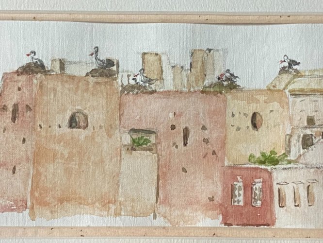Aquarelle signée Chantal Jego vue de Marrakech et ses cigognes Maroc