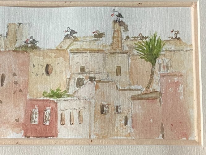 Aquarelle signée Chantal Jego vue de Marrakech et ses cigognes Maroc