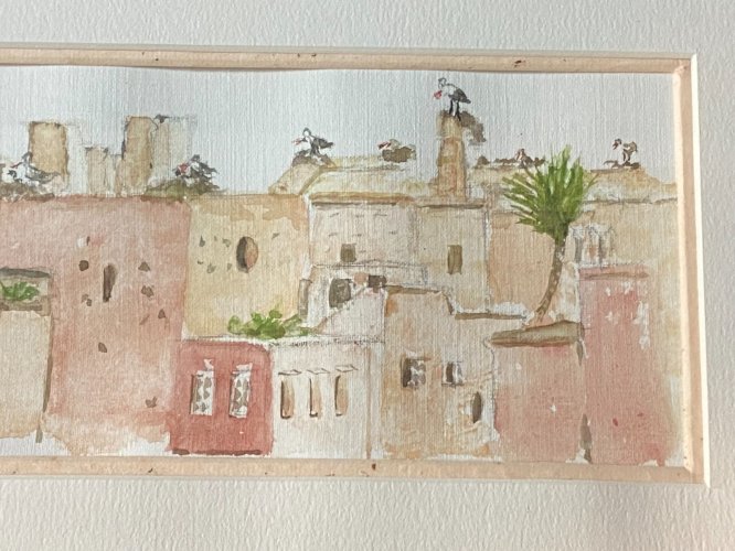 Aquarelle signée Chantal Jego vue de Marrakech et ses cigognes Maroc