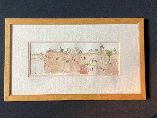 Aquarelle signée Chantal Jego vue de Marrakech et ses cigognes Maroc