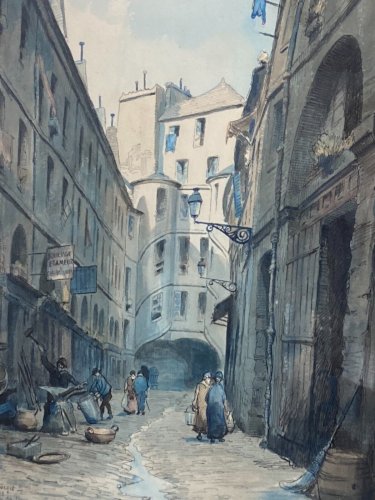 Aquarelle signée Charles Forget 1886-1960 La cour du dragon 1925 Paris VIe