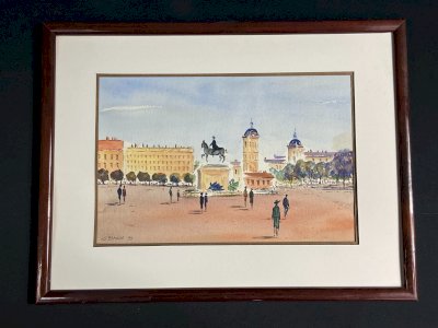 Aquarelle signée J. Blanck 93 vue animée de la Place Bellecourt à Lyon