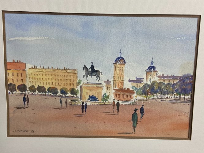 Aquarelle signée J. Blanck 93 vue animée de la Place Bellecourt à Lyon