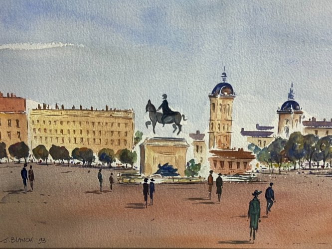 Aquarelle signée J. Blanck 93 vue animée de la Place Bellecourt à Lyon