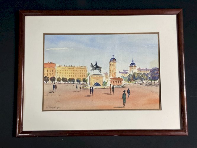 Aquarelle signée J. Blanck 93 vue animée de la Place Bellecourt à Lyon