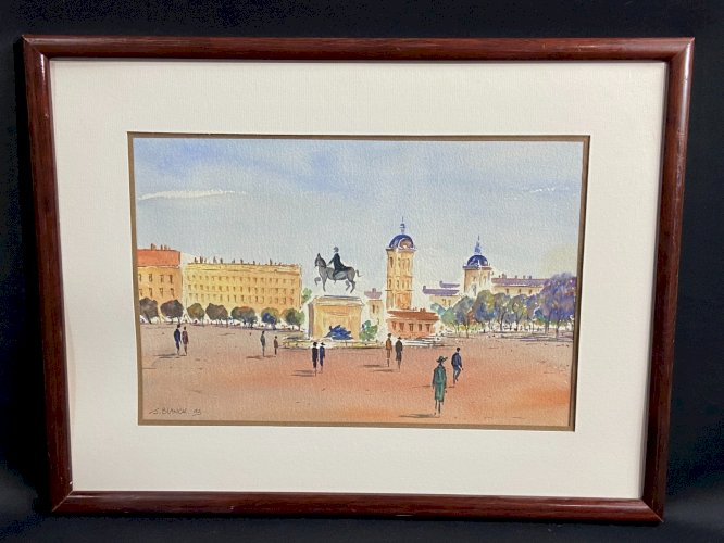 Aquarelle signée J. Blanck 93 vue animée de la Place Bellecourt à Lyon