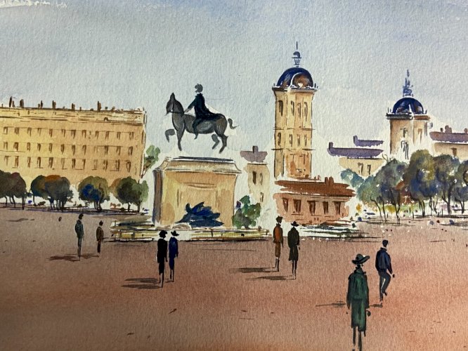 Aquarelle signée J. Blanck 93 vue animée de la Place Bellecourt à Lyon