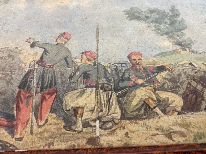 Aquarelle soldats orientalistes zouaves avec soldats français en pose .