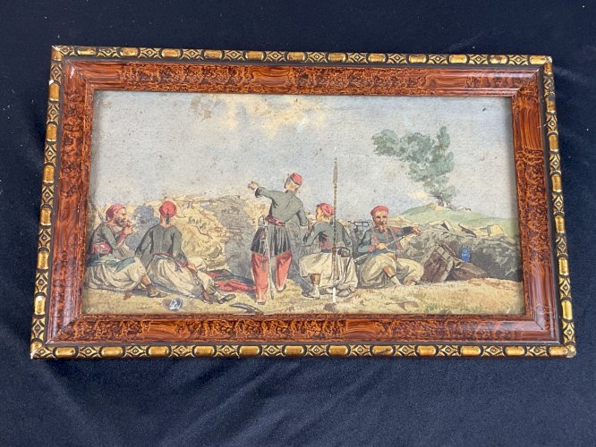 Aquarelle soldats orientalistes zouaves avec soldats français en pose .