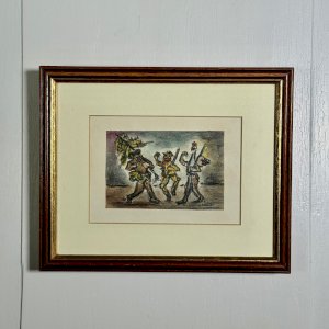 Aquarelle sur papier 3 personnages en costume par S. Burto milieu XXe A5846