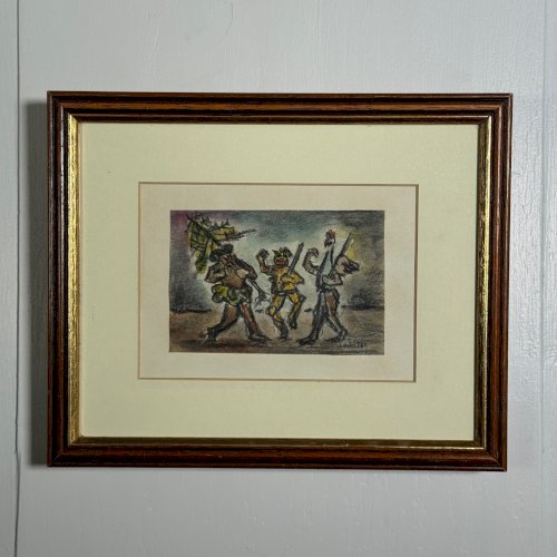 Aquarelle sur papier 3 personnages en costume par S. Burto milieu XXe A5846