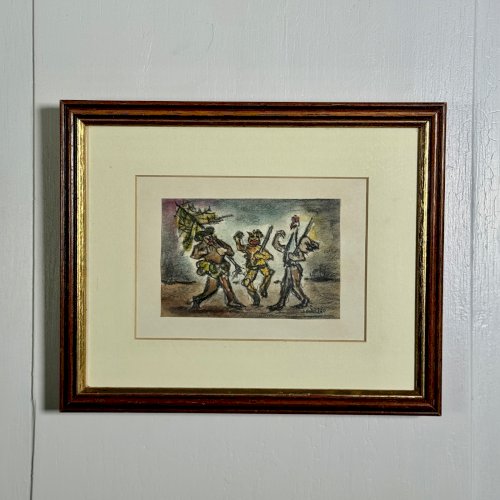 Aquarelle sur papier 3 personnages en costume par S. Burto milieu XXe A5846