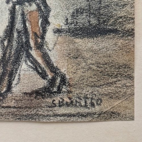 Aquarelle sur papier 3 personnages en costume par S. Burto milieu XXe A5846