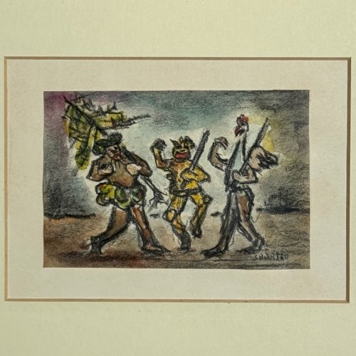 Aquarelle sur papier 3 personnages en costume par S. Burto milieu XXe A5846