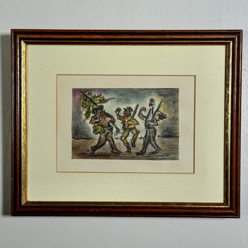 Aquarelle sur papier 3 personnages en costume par S. Burto milieu XXe A5846