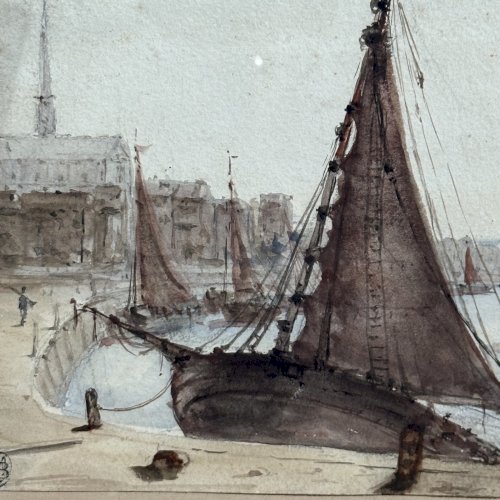 Aquarelle sur papier avec monogramme bateau de pêche à quai début XXe L9613