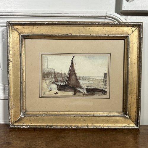 Aquarelle sur papier avec monogramme bateau de pêche à quai début XXe L9613