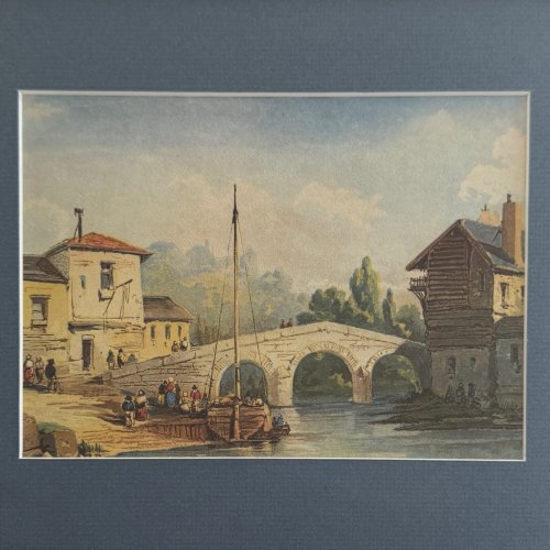 Aquarelle sur papier bateau ancré près d'un pont XIXe cadre doré A5688