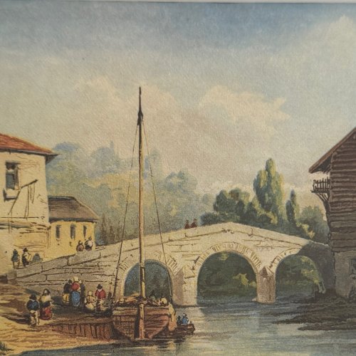 Aquarelle sur papier bateau ancré près d'un pont XIXe cadre doré A5688