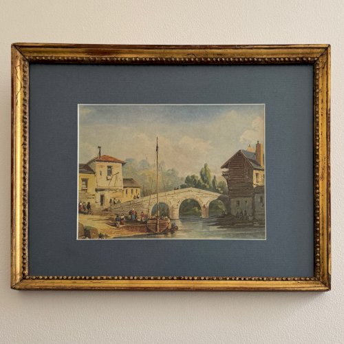 Aquarelle sur papier bateau ancré près d'un pont XIXe cadre doré A5688