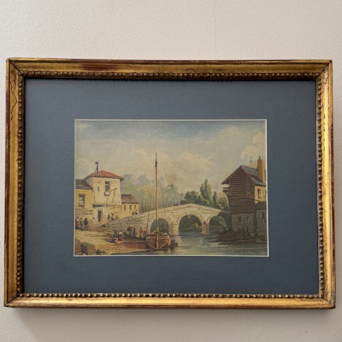 Aquarelle sur papier bateau ancré près d'un pont XIXe cadre doré A5688
