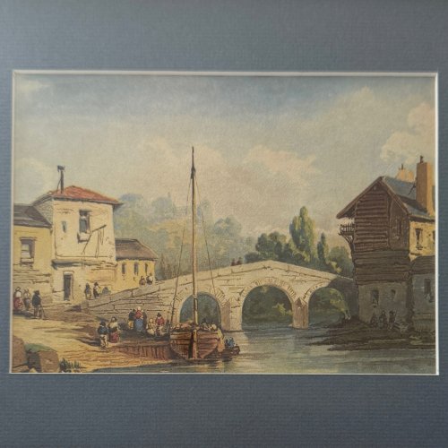 Aquarelle sur papier bateau ancré près d'un pont XIXe cadre doré A5688