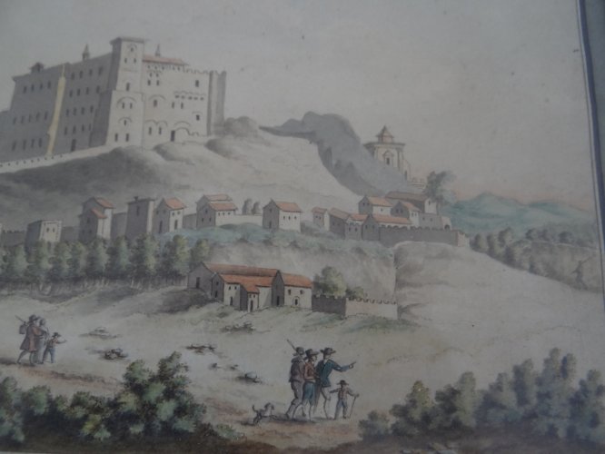 Aquarelle sur papier début XVIIIe scène romantique avec paysage cadre bois C1103