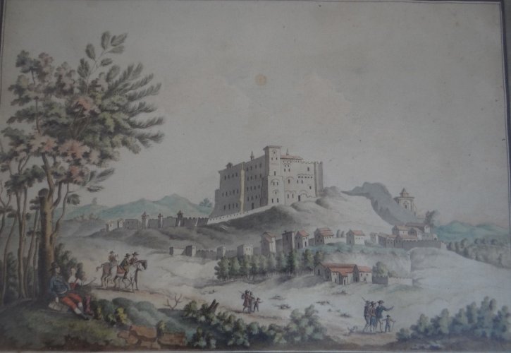 Aquarelle sur papier début XVIIIe scène romantique avec paysage cadre bois C1103