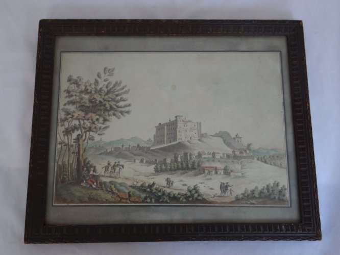Aquarelle sur papier début XVIIIe scène romantique avec paysage cadre bois C1103