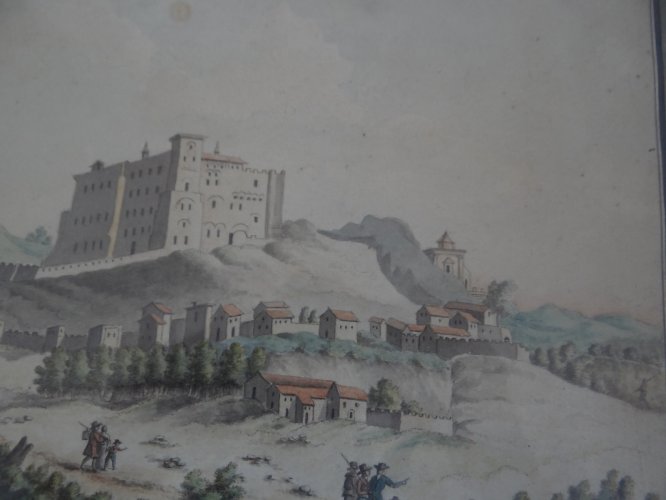 Aquarelle sur papier début XVIIIe scène romantique avec paysage cadre bois C1103