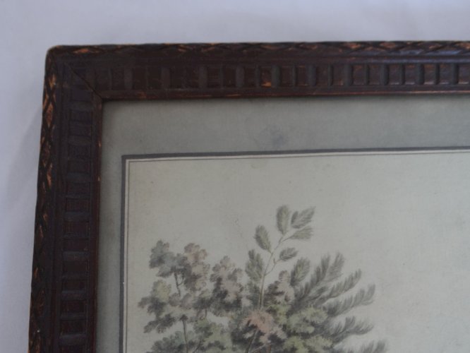 Aquarelle sur papier début XVIIIe scène romantique avec paysage cadre bois C1103