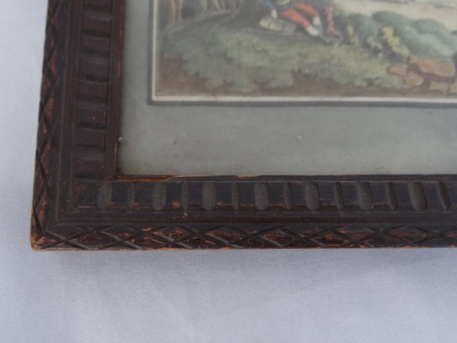 Aquarelle sur papier début XVIIIe scène romantique avec paysage cadre bois C1103