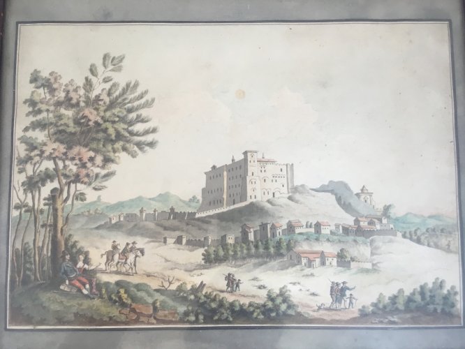 Aquarelle sur papier début XVIIIe scène romantique avec paysage cadre bois C1103
