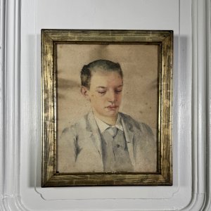 Watercolor on paper early 20th century portrait of a young man golden frame A5851