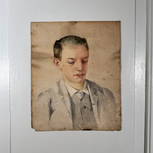 Aquarelle sur papier début XXe portrait de jeune homme cadre doré A5851