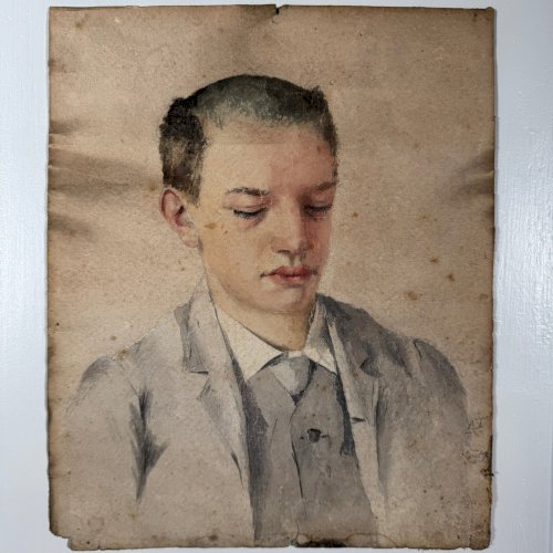 Aquarelle sur papier début XXe portrait de jeune homme cadre doré A5851