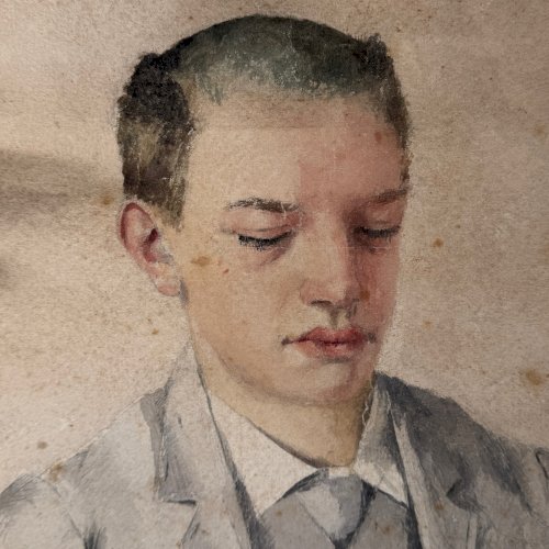 Aquarelle sur papier début XXe portrait de jeune homme cadre doré A5851