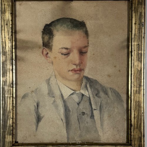 Aquarelle sur papier début XXe portrait de jeune homme cadre doré A5851