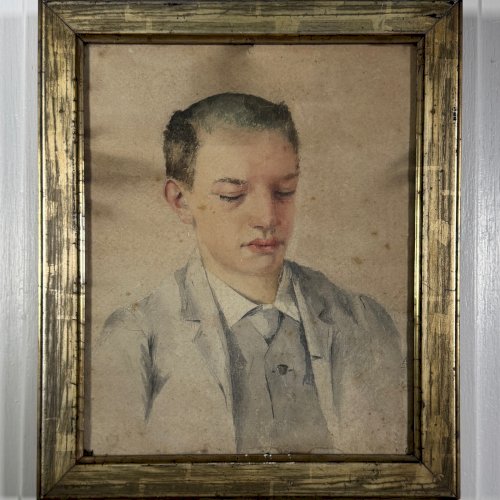 Aquarelle sur papier début XXe portrait de jeune homme cadre doré A5851
