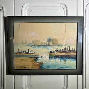 Aquarelle sur papier deux bateaux à vapeur par Diaz XXe L9610