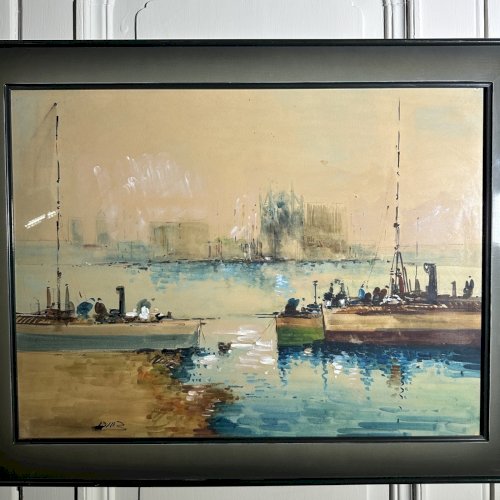 Aquarelle sur papier deux bateaux à vapeur par Diaz XXe L9610