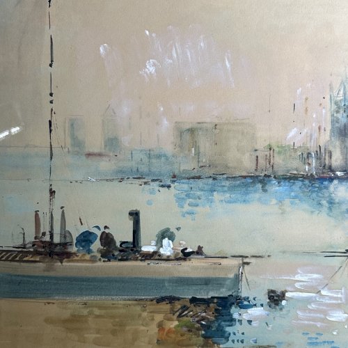 Aquarelle sur papier deux bateaux à vapeur par Diaz XXe L9610