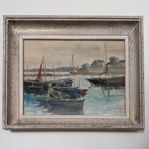 Watercolor on paper the harbor of Guet Douarnenez 1947 by R. Courteau A5764