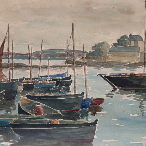 Aquarelle sur papier le port du Guet Douarnenez  1947 par R. Courteau A5764