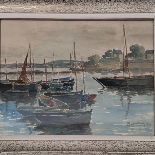 Aquarelle sur papier le port du Guet Douarnenez  1947 par R. Courteau A5764
