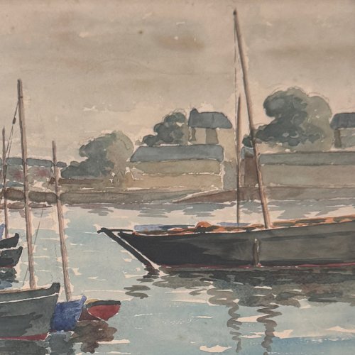 Aquarelle sur papier le port du Guet Douarnenez  1947 par R. Courteau A5764