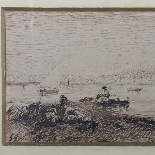 Aquarelle sur papier monogrammée représentant des bateaux L1065